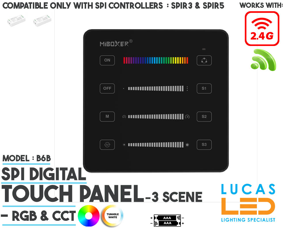 SPI Touch Panel Remote • For Addressable LED Strip • Digital / SPI • 2.4G • Pixel No & Speeding & 3 Scene • MiBoxer • Wireless • Black Body • B6B • 