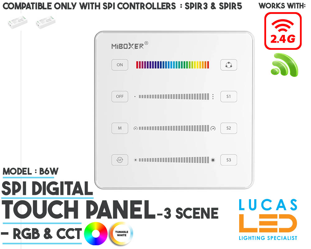 SPI Touch Panel Remote • For Addressable LED Strip • Digital / SPI • 2.4G • Pixel No & Speeding & 3 Scene • MiBoxer • Wireless • White Body • B6W • 