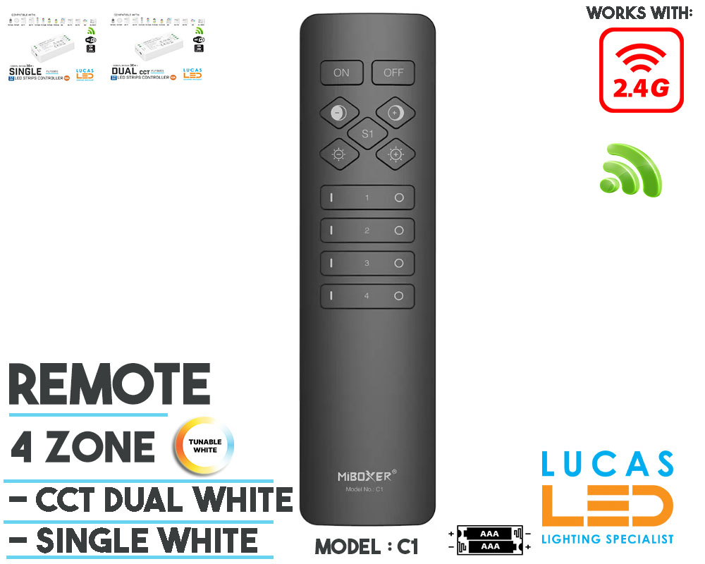 Remote Control • Magnet holder • CCT & Single • MiBoxer • 4 Zone • 2.4G RF • Wireless • 30m Range • C1 • Black Matt body •