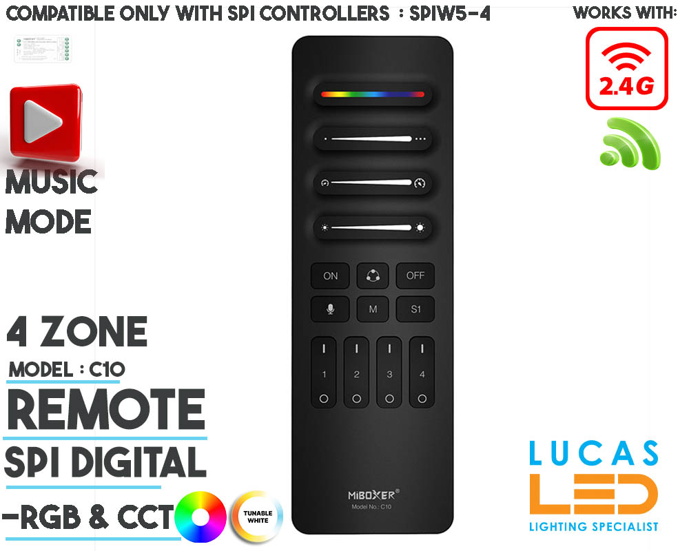 SPI Remote • For Addressable LED Strip • Digital / SPI • 2.4G • Pixel No & Speeding & 4 Zone & Music Mode • MiBoxer • Wireless • Black Body • C10 • 