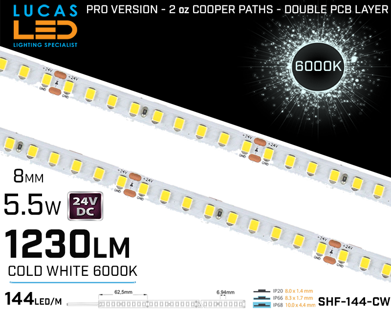 LED Strip  SHF Cold White • 144 LED/m • 24V • 5.5W • 6000K • IP20 • 1230lm • 8mm • 3oz Cooper paths PRO Version