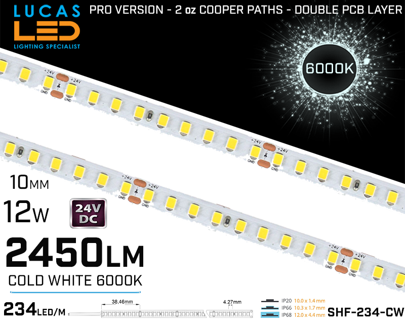 LED Strip  SHF Cold White • 234 LED/m • 24V • 12W • 6000K • IP20 • 2450lm • 10mm • 3oz Cooper paths PRO Version