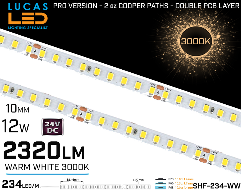LED Strip  SHF Warm White • 234 LED/m • 24V • 12W • 3000K • IP20 • 2320lm • 10mm • 3oz Cooper paths PRO Version