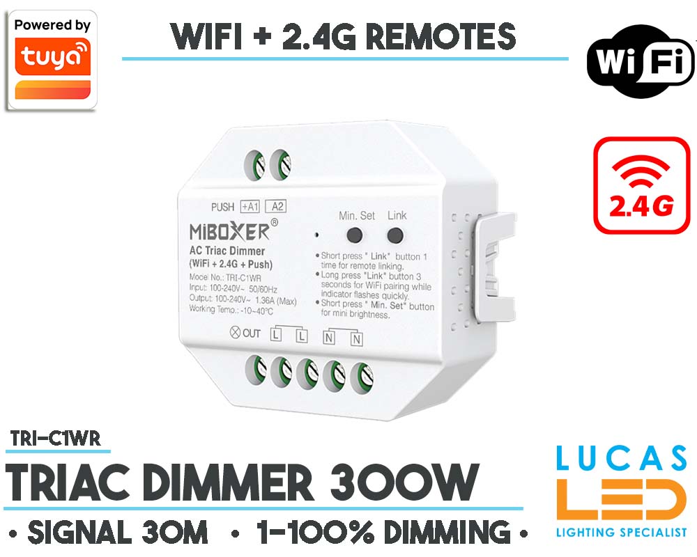 TRIAC • Dimmer 300w • MiBoxer • WIFI +  2.4G Remote • Smart Lighting System • 1-100% Dimming • Wireless • App Direct • 100-240V AC • 