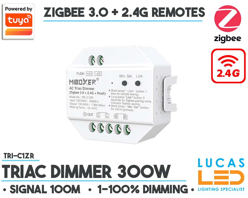TRIAC • Dimmer 300w • MiBoxer • ZigBee + 2.4G Remote • Smart Lighting System • 1-100% Dimming • Wireless • Gateway Zigbee • 100-240V AC • 