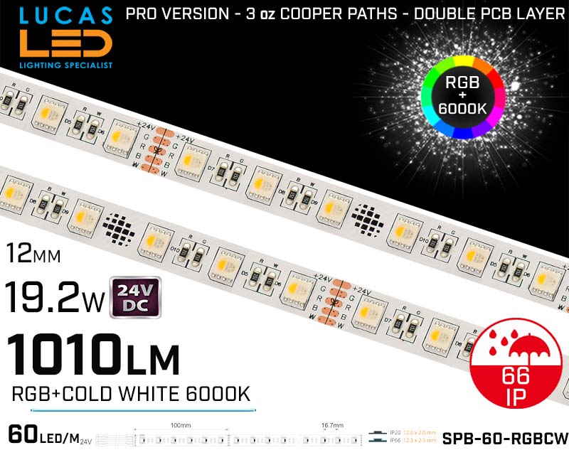LED Strip RGB+6000K &bull; 60LED/m &bull; 24V &bull; 19.2W &bull; IP66 &bull; 1010lm &bull; 10.3mm &bull; PRO Version 3oz Cooper paths