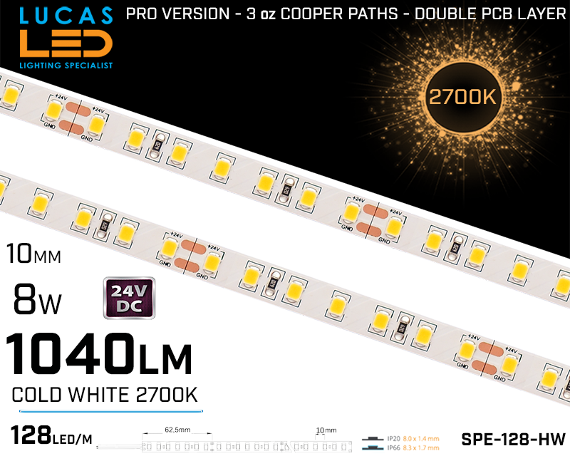 LED Strip soft Warm • 128 LED/m • 24V • 8W • 2700K • IP20 • 1040lm • 10mm • 3oz Cooper paths