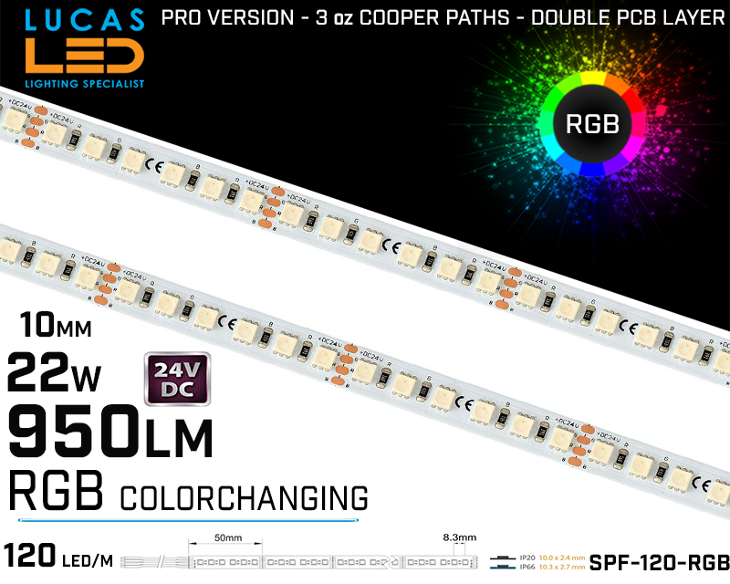 LED Strip RGB Ultra High Bright • 120LED/m • 24V • 22W • IP20 • 950lm • 10mm • PRO Version 3oz Cooper paths