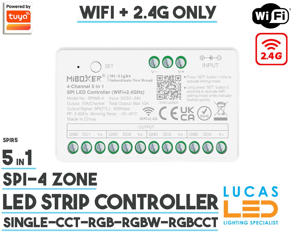 SPI Addressable Digital LED Strip Controller 4 Zone • 5 in 1 SPI • WiFi+2.4GHz • Single color - CCT - RGB - RGBW -RGBCCT • 5-24V • 10A • 