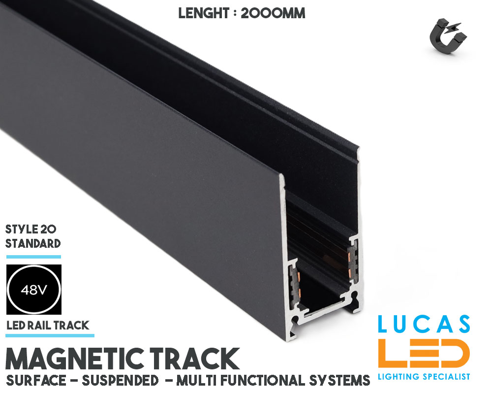 Surface Suspended Magnetic Rail • 2000 mm • Magnetic Rail Track Lighting System • Single Circuit • Black Body • Profile 2 m • 48V •