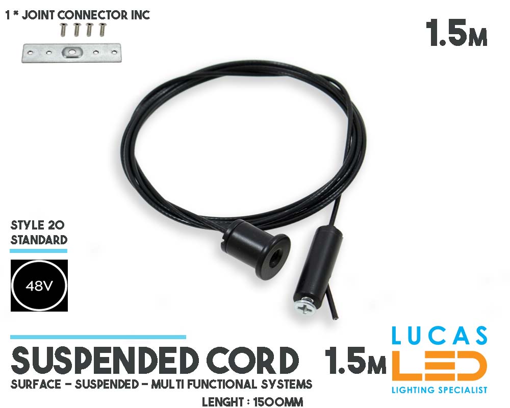 1.5m Suspended cord set • Magnetic Track  Rail 48V • Adjustable  • Suspended • Black body• for Magnetic Track Light • Length 1500 mm •