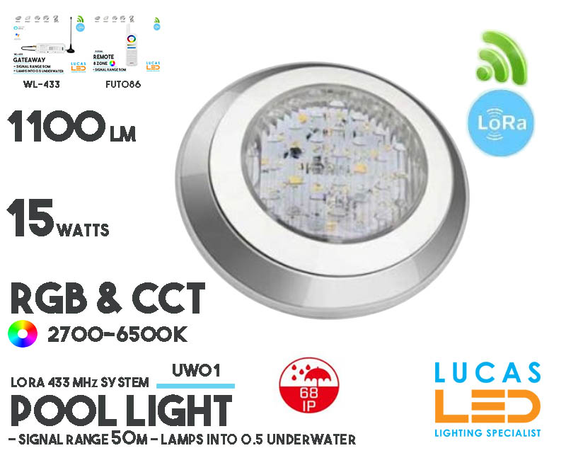 LED Underwater Light • RGB+CCT • 15W • 1100LM • IP68 • LoRa 443MHz • Smart Lighting System • Wireless • MiBoxer • Control distance 50m • UW01-1 • 12V