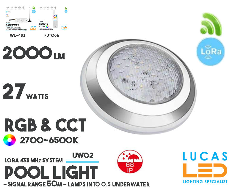 LED Underwater Light • Pool Light  • RGB+CCT  • 27W • 2000LM  • IP68 • LoRa 443MHz  • Smart Lighting System • Control distance 50m • MiBoxer • UW02 • 12V