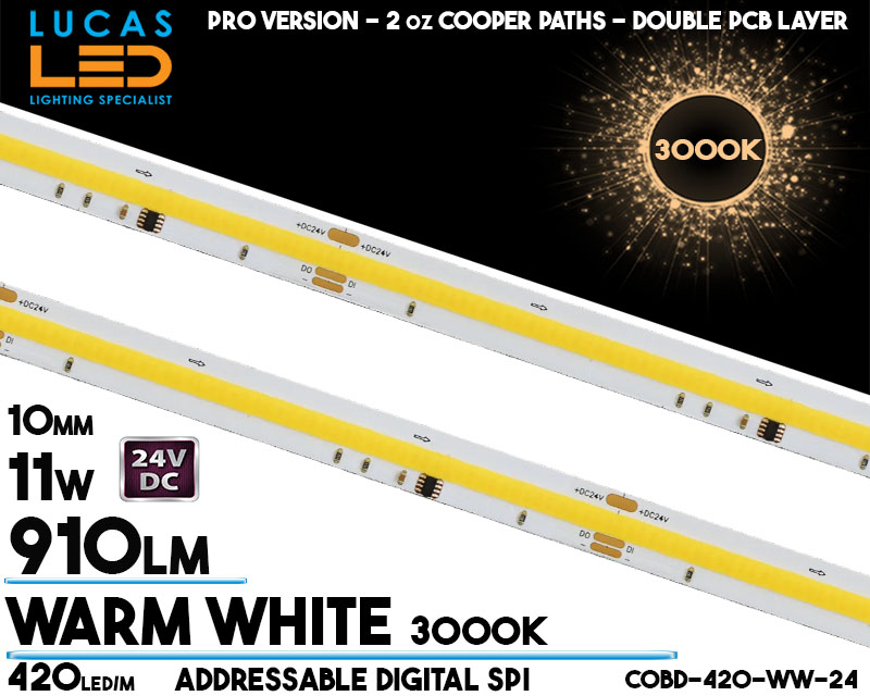 Addressable Digital SPI LED Strip Warm White • COB Spotless • 24V • 11W • 3000K • IP20 • 910lm • 10mm • 2oz Cooper paths PRO Version • Ra90 •