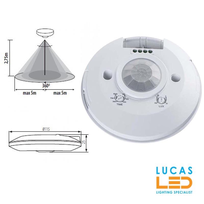 PIR Motion Sensor Movement Detector - ceiling fitting - IP20 - H360°/ V120° - ZONA Flat
